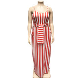 EVE Plus Size Striped Loose Sling Maxi Dress With Belt OSIF-19258