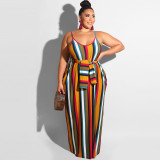 EVE Plus Size Striped Loose Sling Maxi Dress With Belt OSIF-19258