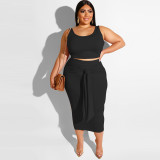 EVE Plus Size Solid Color Tight Tank Top And Skirts Two Piece Set OSIF-19316