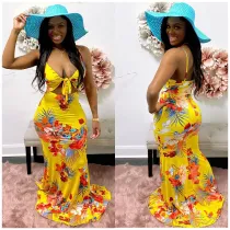 EVE Sexy Print Sling Tie Maxi Dress JZHF-8040