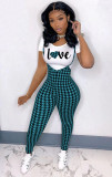 EVE Fashion Printed Short Sleeve T-shirt+Houndstooth Print Jumpsuit Suit SHD-9828