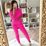 EVE Plus Size Fashion Solid Color Sweater Long Sleeve Two Piece Pants Set GBLH-1118