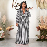EVE Fashion Stripe Print Long Sleeve Maxi Shirt Dress HNIF-041C