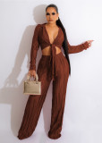 EVE Casual Long Sleeve Tie Top Two Piece Pants Set HEJ-8207