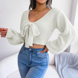 EVE Fashion Bowknot V-Neck Lantern Sleeve Sweater GBJS-3016