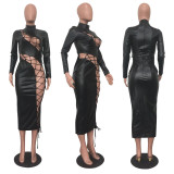 EVE Sexy Hollow Bandage PU Leather Maxi Dress OD-8514