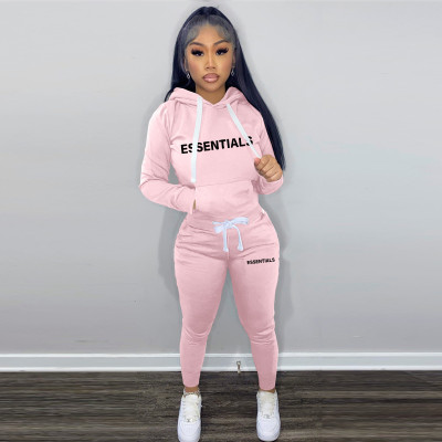 EVE Plush Letter Print Drawstring Hoodies Two Piece Pants Set TK-6261