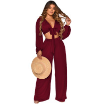 EVE Solid Sexy Tie Up Crop Top And Pants Two Piece Set YF-9977