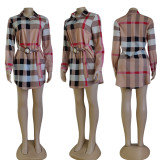EVE Fashion Plaid Print Shirt Dress(With Waist Belt) GYSF-7144