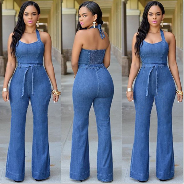 EVE Fashion Denim Halter Jumpsuit With Belt SMR-8047