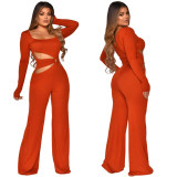EVE Solid Color Hollow Long Sleeeve Jumpsuit YF-9985