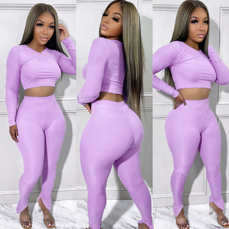 EVE Fashion Solid Color Crop Top+Split Pencil Pant 2 Piece Set SH-390424