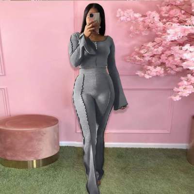 EVE Fashion Solid Color Flare Two Piece Pants Set XYKF-9303