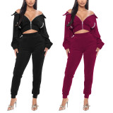 EVE Velvet Solid Color Zipper Pocket Tops And Pant Two Piece Set TE-4489