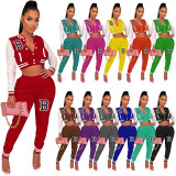 EVE Letter Print Color Block Splicing Baseball Casual Sports Two Piece Set WSYF-59150