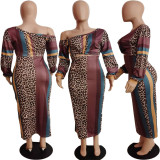 EVE Leopard Stripe Print Slash Shoulder Straight Long Skirts 2 Piece Set APLF-1008