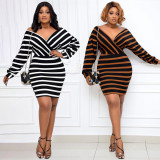 EVE Plus Size Stripe Big V Neck Slim Mini Dress WPF-80868