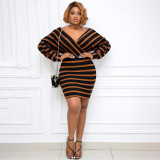 EVE Plus Size Stripe Big V Neck Slim Mini Dress WPF-80868