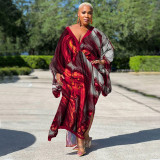 EVE Plus Size Bat Sleeve Print V Neck Maxi Dress NNWF-10248