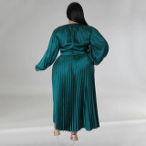 EVE Plus Size Solid Color Long Sleeve Ruched Long Dress NNWF-7729