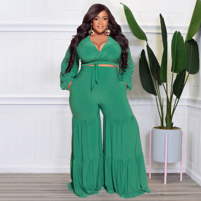 EVE Solid Tie Up Long Sleeve Tops And Splicing Straight Pant Suits NNWF-7668