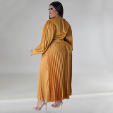 EVE Plus Size Solid Color Long Sleeve Ruched Long Dress NNWF-7729