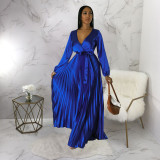 EVE Fashion Solid V Neck Pleated Maxi Dress(With Waist Belt) YF-10334