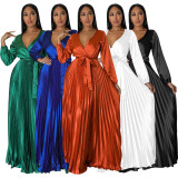 EVE Fashion Solid V Neck Pleated Maxi Dress(With Waist Belt) YF-10334