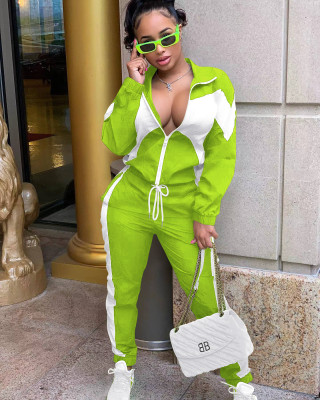 EVE Fashion Color Blocking Zipper Coat And Sports Pant Two Piece Set YD-8669