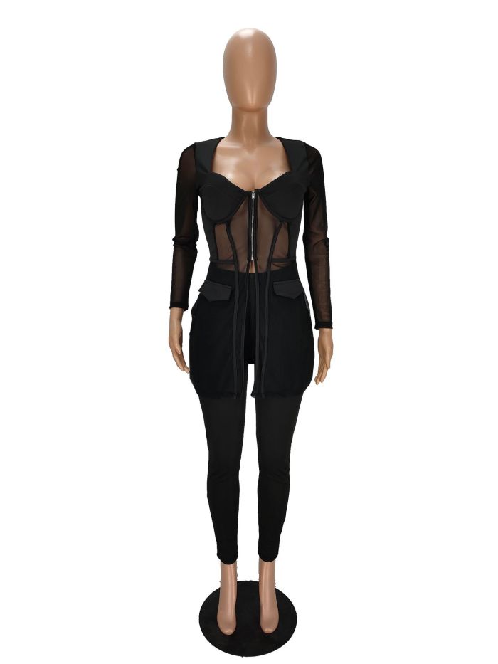 EVE Mesh Splicing See Through Tops And Tight Pant Two Piece SetNM-8531