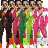 EVE Fashion Color Blocking Zipper Coat And Sports Pant Two Piece Set YD-8669