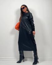 EVE Fashion Zipper Long Sleeve Split Leather Long Dress OLYF-6110