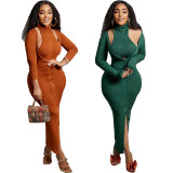 EVE Solid Color High Collar Tank Top And Split Dress Two Piece SetZDF-31263