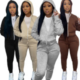 EVE Plush Long Sleeve Zipper Hooded Sweashirts And Sports Pant Two Piece Set AWN-5263