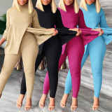 EVE Plus Size Fashion Solid Color Split Tops And Tight Pant Two Piece Set NY-2595