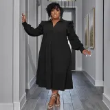 EVE Plus Size Ruffles Shoulder Long Sleeve Bib Swing Dress NNWF-7744