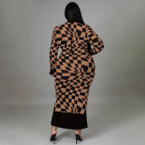 EVE Plus Size Long Sleeve Plaid Printed Long Dresses NNWF-7726