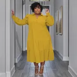 EVE Plus Size Ruffles Shoulder Long Sleeve Bib Swing Dress NNWF-7744