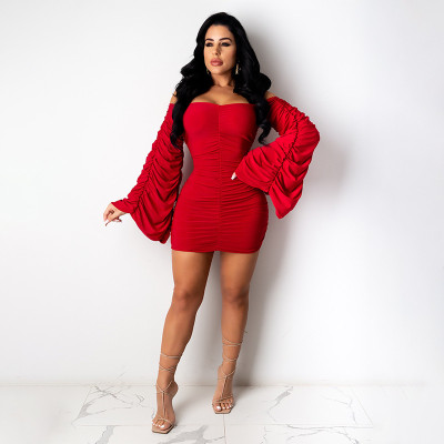 EVE Sexy Solid Off Shoulder Ruched Mini Dress YF-9771