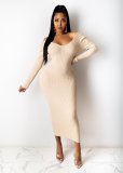 EVE Solid Color Rib Off Shoulder Midi Dress ME-S951