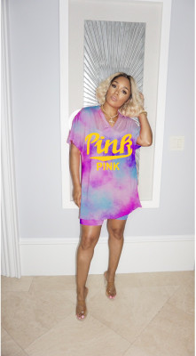 EVE PINK Letters Tie-dye Split T-shirt And Shorts 2 Piece Set YBSF-86682