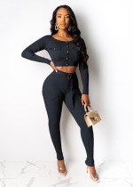 EVE Solid Color Rib Long Sleeve Pant Two Piece Set OY-6386