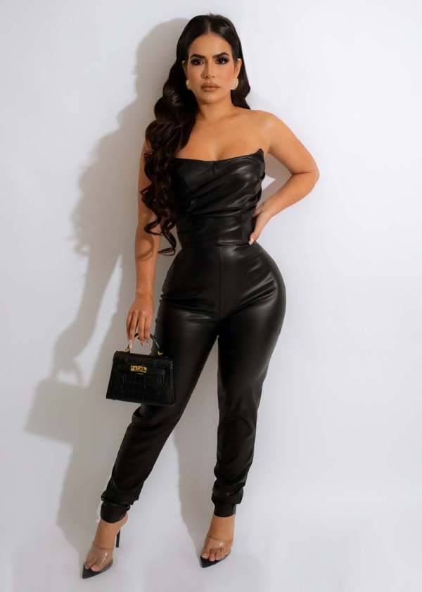 EVE Sexy Tube Tops PU Leather Tight Jumpsuit GWDS-221012