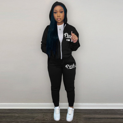 EVE Plush Sweatshirt Pink Letter Print Hooded Two Piece Sets AWN-1003