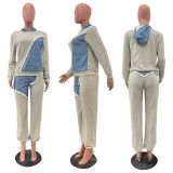 EVE Plus Size Fashion Color Blocking Hooded Sweatshirt Two Piece Pants Set JH-322