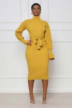 EVE Solid Color High Collar Knits Tie Up Midi Dress TR-1237