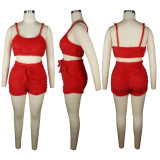 EVE Plush Solid Sling Vest And Shorts Two Piece Set TE-4497