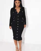 EVE Solid Color Single-breasted Skinny Midi Dress YH-5281