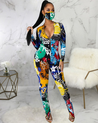 EVE Graffiti Print Long Sleeve Splicing Pant Skinny Two Piece Set GDNY-2207