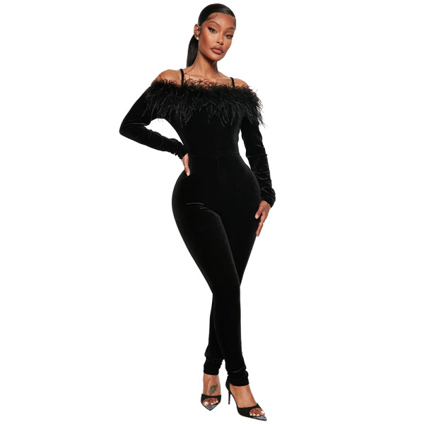 EVE Solid Feather Splicing Slim Sling Jumpsuit CYA-900195
